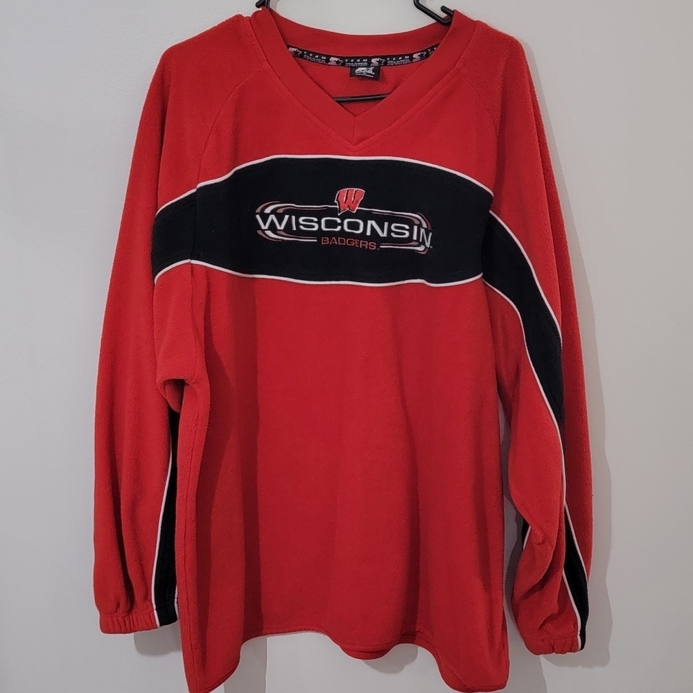 Starter Team Wisconsin Badgers V-Neck Pullover Fleece Sweatshirt Men Size XL